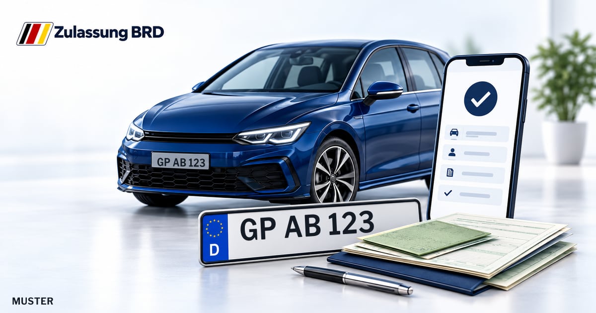 Online Fahrzeugzulassung in Landkreis Göppingen: Musterkennzeichen GP AB 123, Auto und Fahrzeugpapiere und Smartphone. Illustration mit Logo von Zulassung BRD.